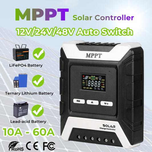Nueva llegada 12V/24V/48V Auto MPPT Controlador de carga solar 60A 40A 30A 20A Panel solar PV Regulador Pantalla LCD Control Dual USB