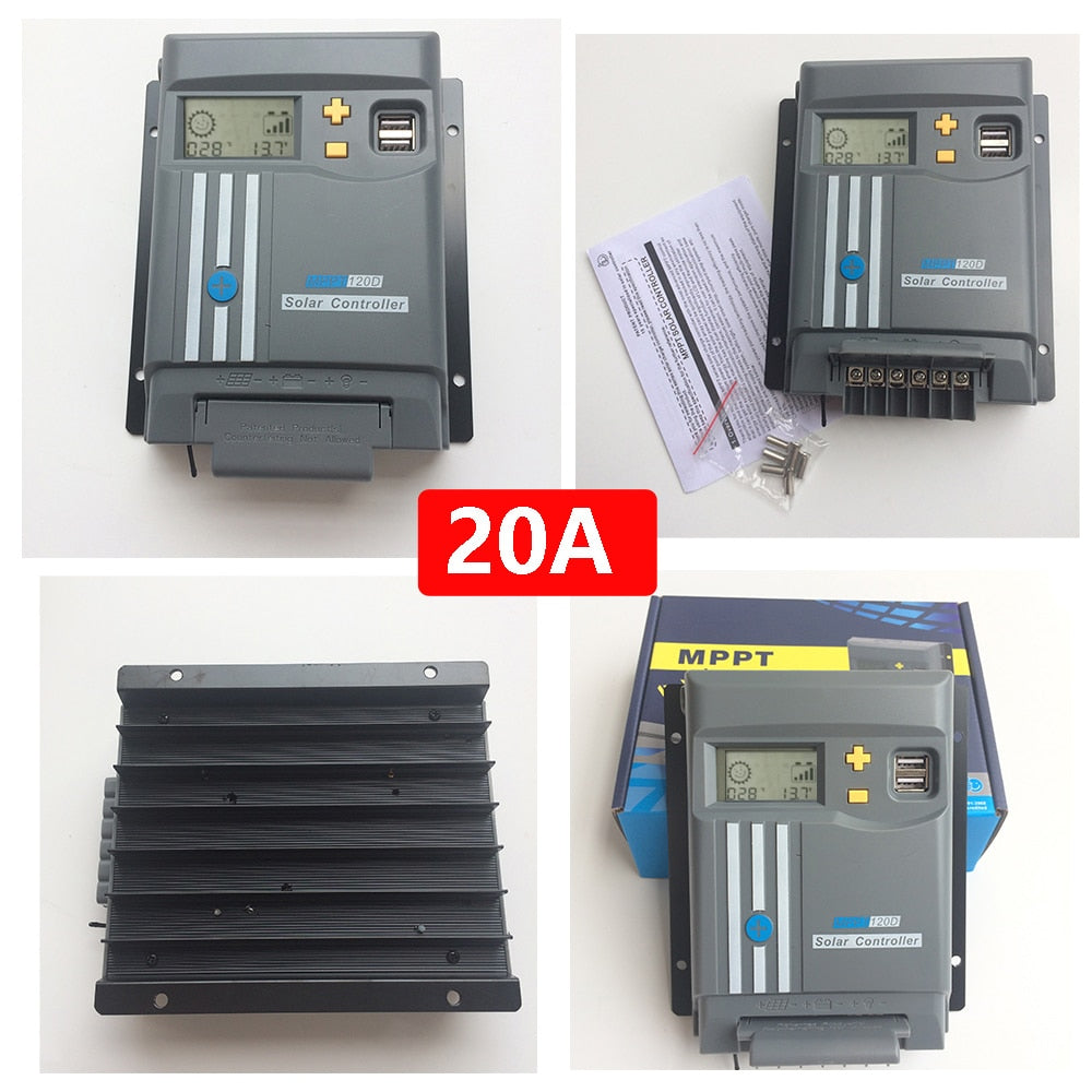 Controlador de carga solar MPPT 20A 12V/24V Automático com WiFi Dispositivo Bluetooth Visor LCD Regulador de bateria Dual USB LifePo4