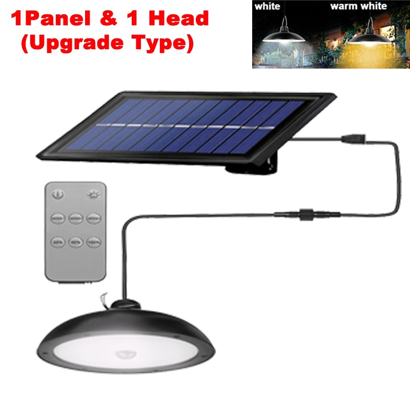 Lustre solar ao ar livre, lâmpada LED à prova d'água com pingente de cabeça dupla, decorações com controle remoto para galpão interno