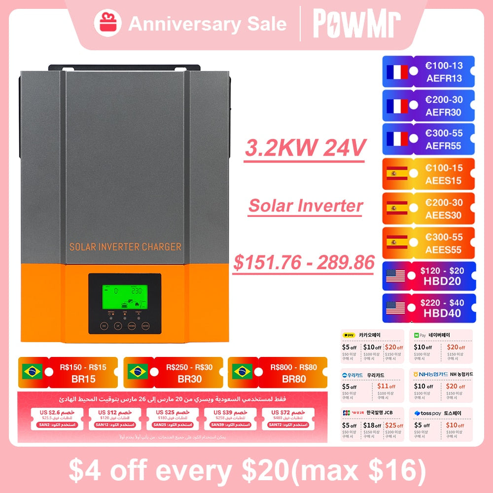 PowMr Hybrid-Solar-Wechselrichter 3,2 kW, 2,4 kW, 1,5 kW, 12 V, 24 V, Photovoltaik-Hybrid-Wechselrichter, 230 V AC, max. PV 450 V, eingebautes 80 A MPPT-Ladegerät