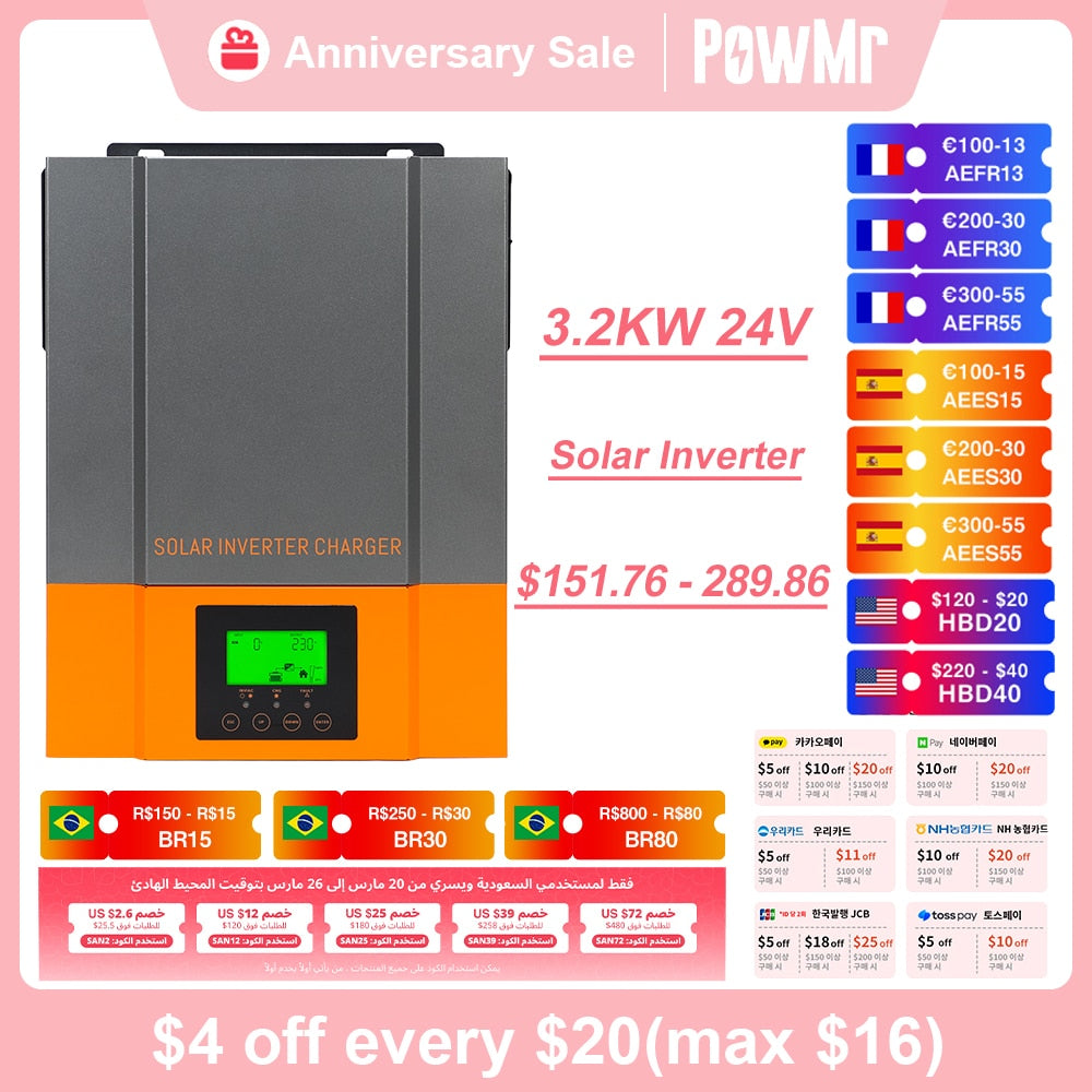 PowMr Hybrid Solar Inverter 3.2KW 2.4KW 1.5KW 12V 24V Photovoltaic Hybrid Inverter 230VAC Max PV 450V Build in 80A MPPT Charger