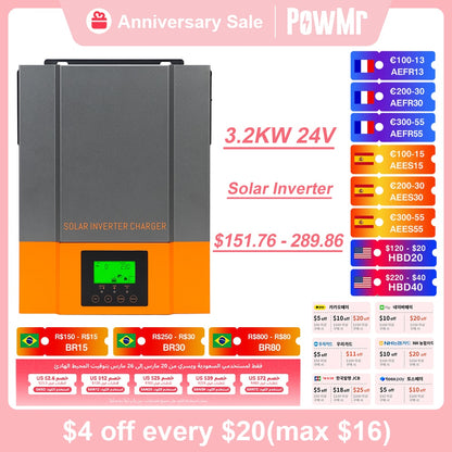 Onduleur solaire hybride PowMr 3.2KW 2.4KW 1.5KW 12V 24V Onduleur hybride photovoltaïque 230VAC Max PV 450V Chargeur MPPT 80A intégré