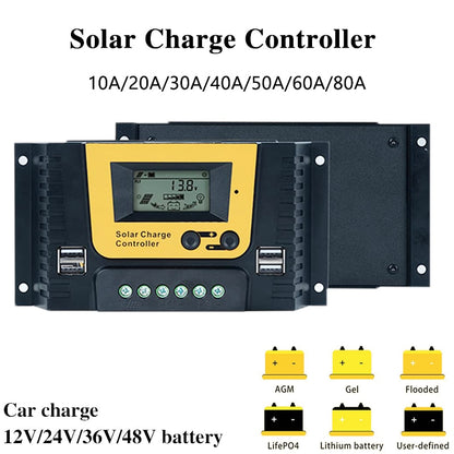 MPPT Solar Charge Controller 12v 24v 48v 10A 50A 80A Solar Controller Solar Panel Battery Regulator Dual USB 5V LCD Display