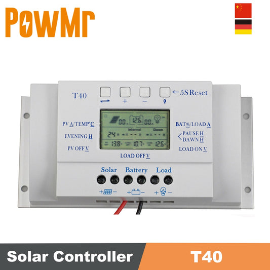 Régulateur de chargeur solaire T40 adapté au système d'éclairage public avec contrôleur d'affichage LCD automatique 12V 24V avec contrôle de double minuterie de charge