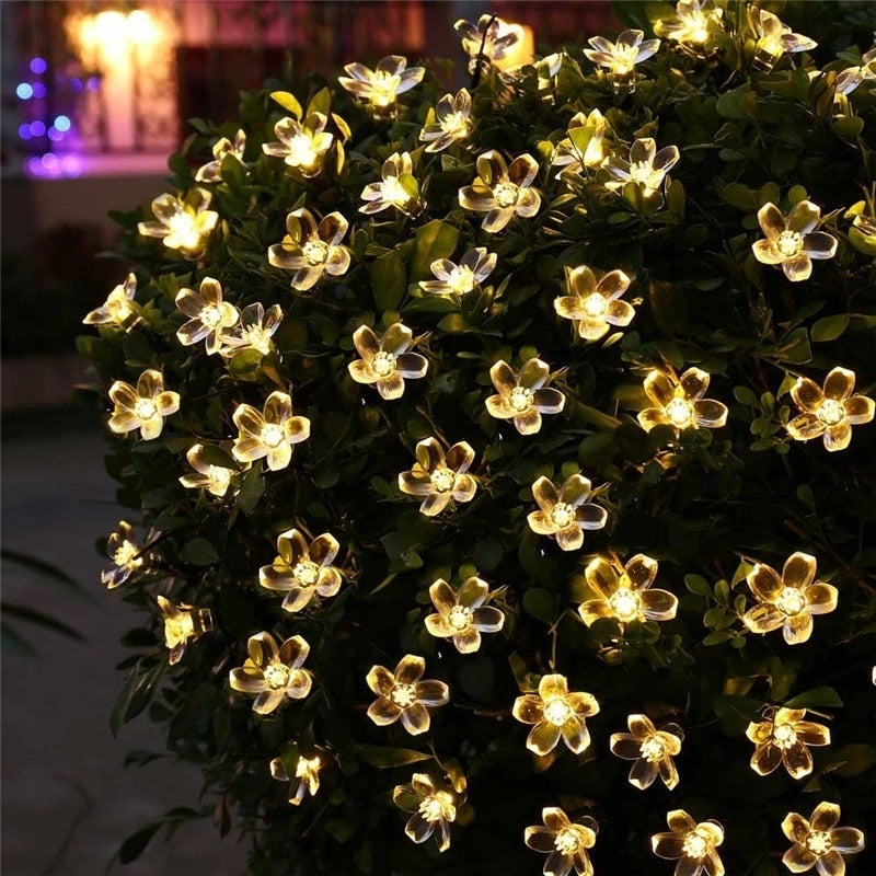 Guirnaldas de luz solar 5m 7m 12m Flor de melocotón Lámpara solar Potencia LED Cadena Luces de hadas Jardín Decoración de la boda para exteriores