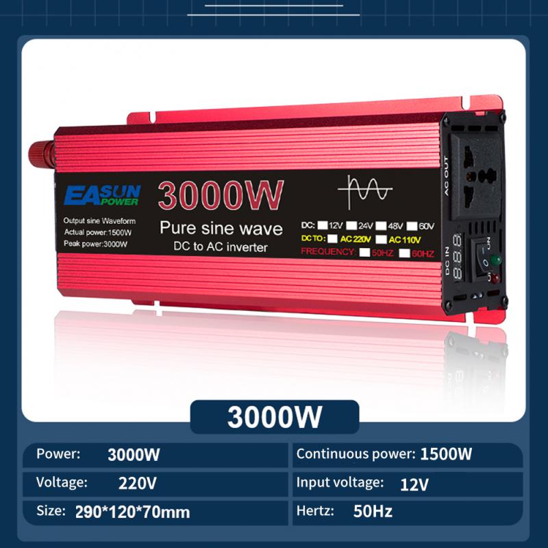 Inversor de onda senoidal pura DC 12V para AC 110V/220V Transformador 1000W 1600W 2200W 3000W Display LED Conversor de energia do inversor solar