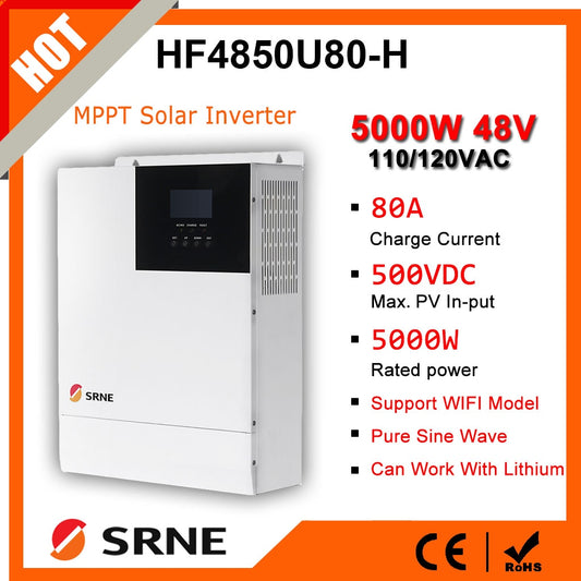 Inversor híbrido SRNE 5000W 48V - Cargador solar integrado 80A MPPT 110-120Vac PV 500VDC 50Hz/ 60Hz 40A Cargador de batería Soporte WIFI
