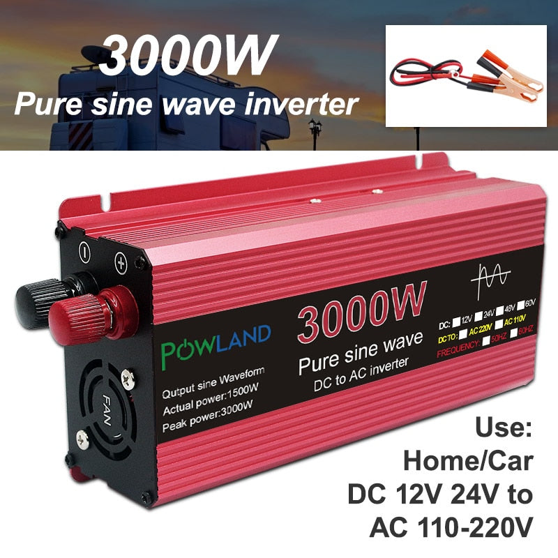 Inversor de onda sinusoidal pura DC 12V 24V a AC 110V 220V Voltaje 1000W 1600W 2200W 3000W Transformador Convertidor de energía Solar Car Inverte