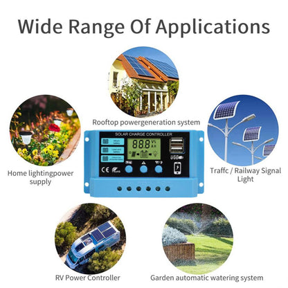 PWM 10A 20A 30A Solarladeregler 12V 24V PV-Regler mit LCD-Display Dual-USB-Aufladung mit großem LCD-Display