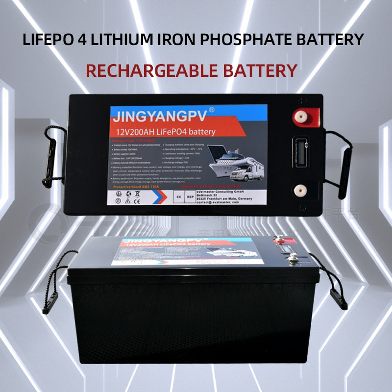 Jingyang 12V 100Ah 200Ah Batteria al litio LiFePO4 Built-in 100A BMS 4000 Batterie al litio a ciclo profondo Sistema di energia solare