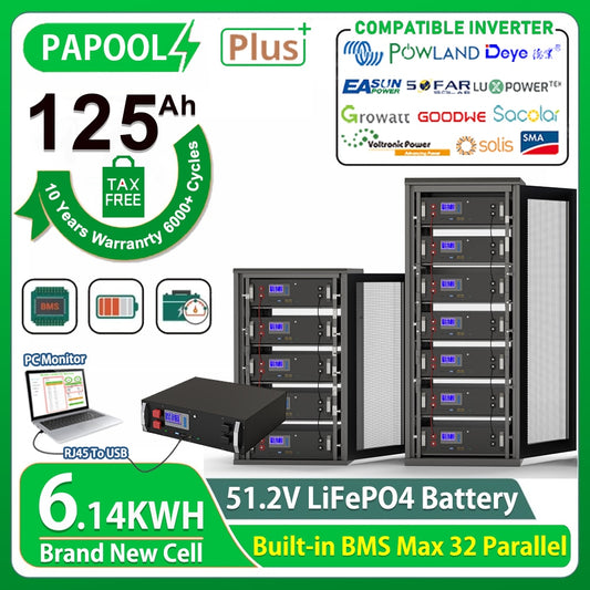 LiFePO4 48V 120Ah Paquete de batería 6000 Ciclo 6.14KWH RS485 CAN PC Monitor 16S BMS 51.2V 100Ah 200Ah PV Off/On Gird Inversor Batería