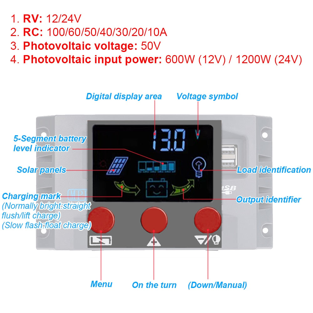 Regolatore di carica solare MPPT Regolatore 50VDC Schermo colorato per batteria al litio GEL Lifepo4 10A / 20A / 30/40/50/60 / 100A