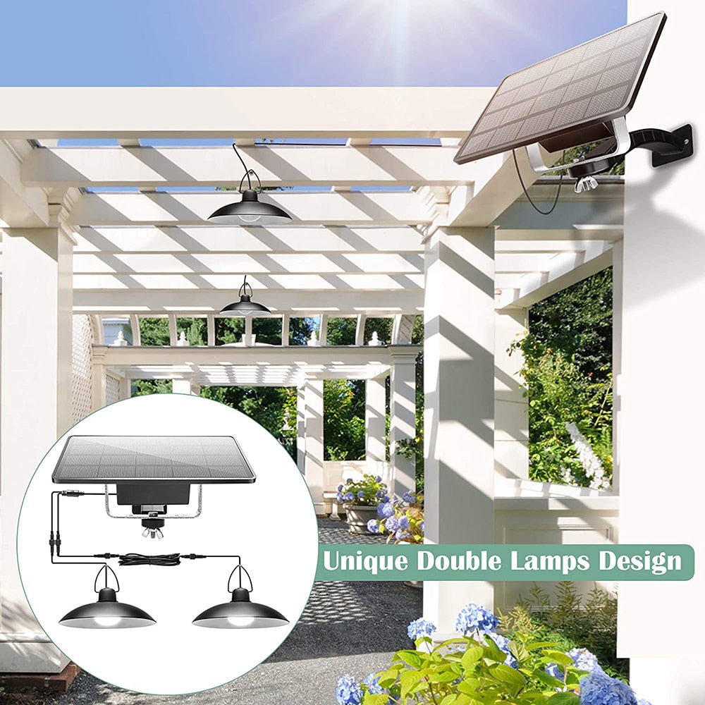 IP65 Lampada a sospensione solare a doppia testa impermeabile per esterni Lampada solare per interni con cavo Adatto per cortile, giardino, interni ecc.