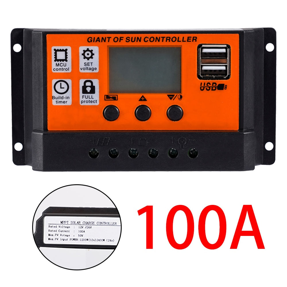 Controlador de carga solar 10A 30A 60A 80A 100A Panel solar para automóvil Pantalla LED Dual USB 5V Equipo regulador de carga