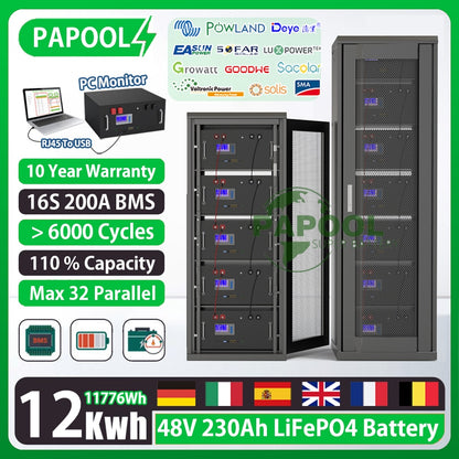 LiFePO4 48V 230Ah 200Ah 100Ah Battery Pack 51.2V 12Kw 10Kw 6000 Cycle Max 32 Parallel PC Monitor Inverter Battery With CAN RS485