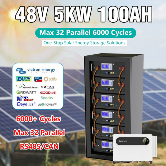 Paquete de batería LiFePO4 48V 5KW - 51.2V 100AH ​​Batería de litio 6000+ Ciclos Max 32 Parallel RS485 CAN Para inversor de red solar apagado / encendido