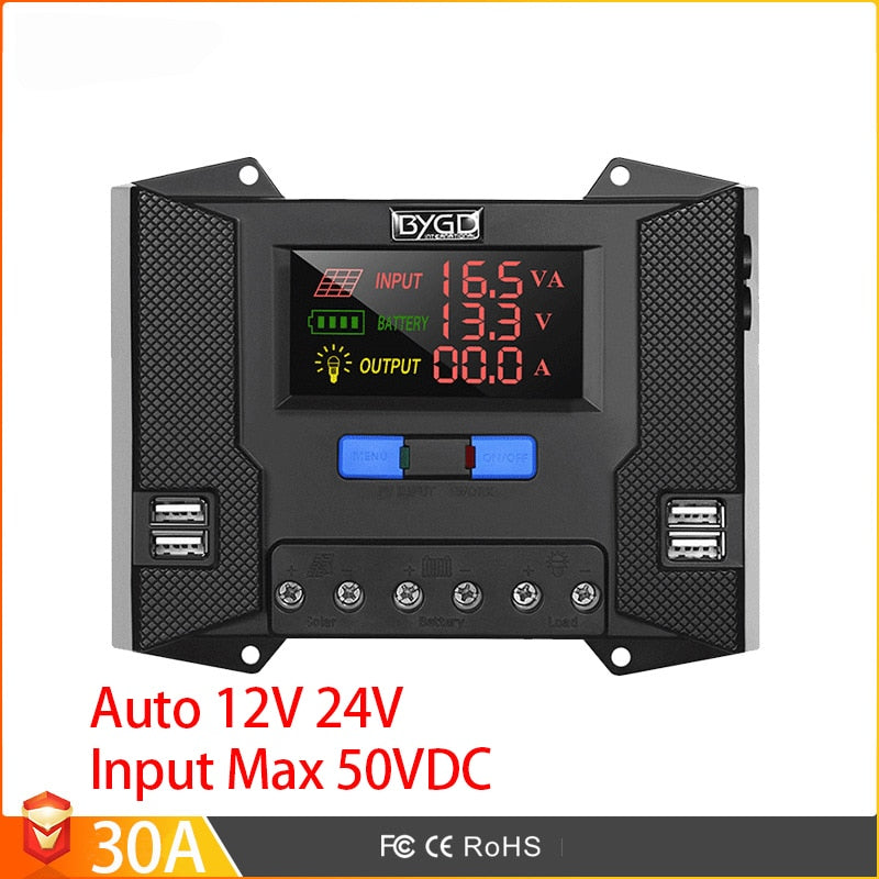 30A Solar Charge Controller 12V 24V 50VDC PWM PV Charging Regulator For 100W 200W 300W 400W 500W Solar Panel