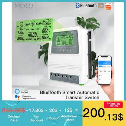 MOES Tuya Smart Dual Power Controller 80A Automatic Transfer Switch for Off Grid Solar Wind System ATS DC 12/24/48V AC 110/220V