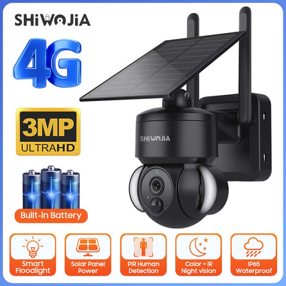 SHIWOJIA 516C Solar Camera - 4G / Wifi Solar Powered 7500mAh Battery with 5W Solar Panels 3MP Color Night Vision Wireless Garden CCTV