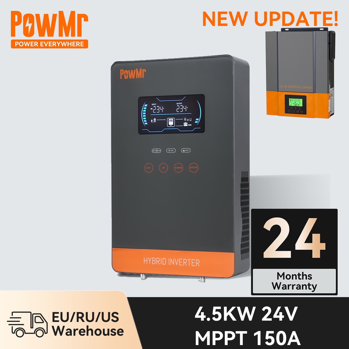 Onduleur solaire PowMr hybride 24V MPPT 150A 80A convertisseur de batterie panneau PV à onde sinusoïdale Pure puissance maximale 6KW 3KW