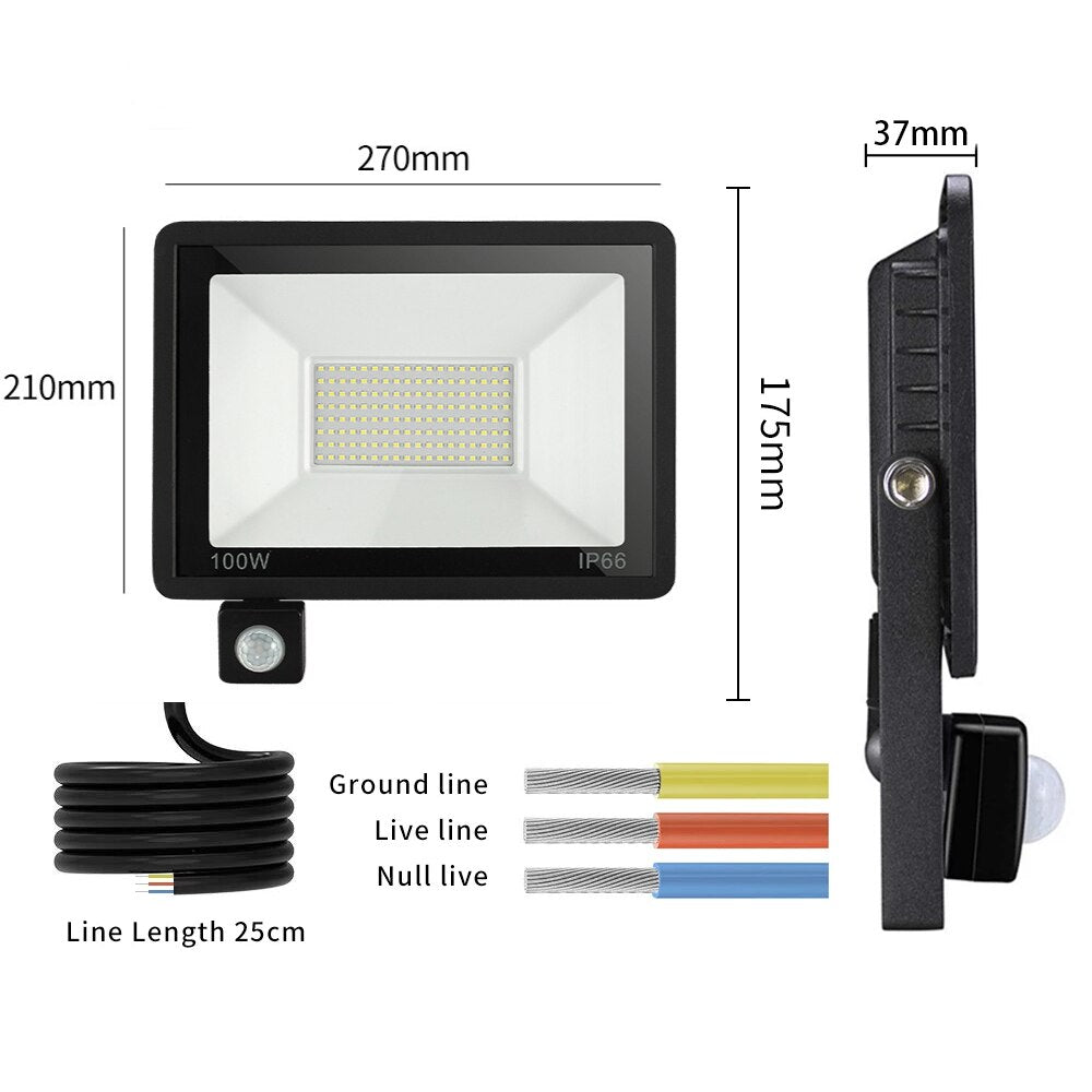 PIR Motion Sensor LED Flood Light 220V Faretto impermeabile 50W 100W 150W Lampada da parete Riflettore Illuminazione esterna per Garden Street