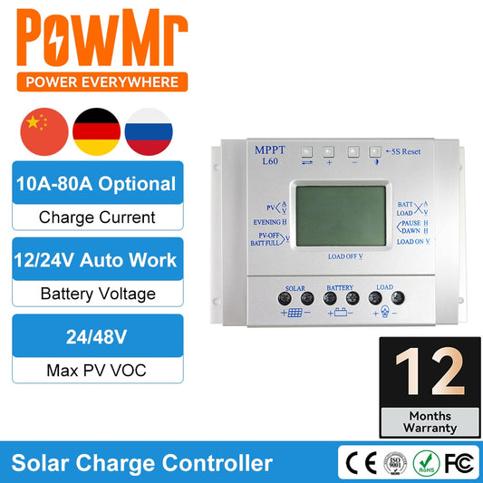 PowMr Solar-Laderegler, 12 V, 24 V, 10 A, 20 A, 30 A, 40 A, 60 A, 80 A, PWM-Controller zum Laden von Blei-Säure-LiFePO4-Solarbatterien