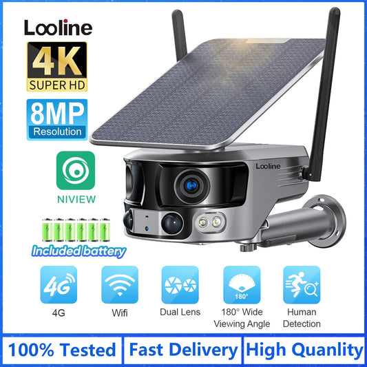 Looline 4K 8MP 180 Ultraweitwinkel-4G-Solarkamera – Sicherheits-Außen-WIFI-CCTV-Kamera mit 4-fachem Zoom und PIR-Menschenerkennung mit zwei Objektiven