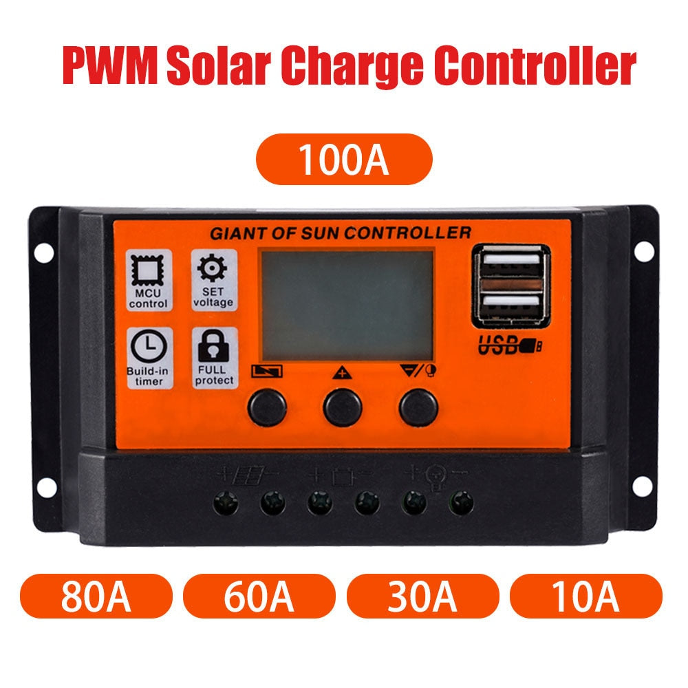 Controlador de carga solar 10A 30A 60A 80A 100A Panel solar para automóvil Pantalla LED Dual USB 5V Equipo regulador de carga