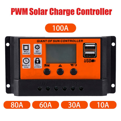 Controlador de carregamento solar 10A 30A 60A 80A 100A painel solar automotivo display LED duplo USB 5V equipamento regulador de carregamento