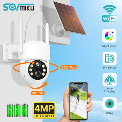 Câmera solar SOVMIKU WIFI - 4MP PIR Detecção humana Segurança externa com painel solar Vigilância sem fio PTZ Bateria Câmera IP