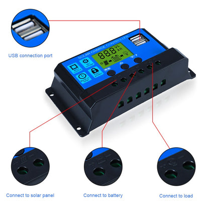 SUYEEGO 30A 20A 10A Solar Controller PWM Battery Charger 12V 24V Auto LCD Display Dual USB 5V Output Solar Panel PV Regulator