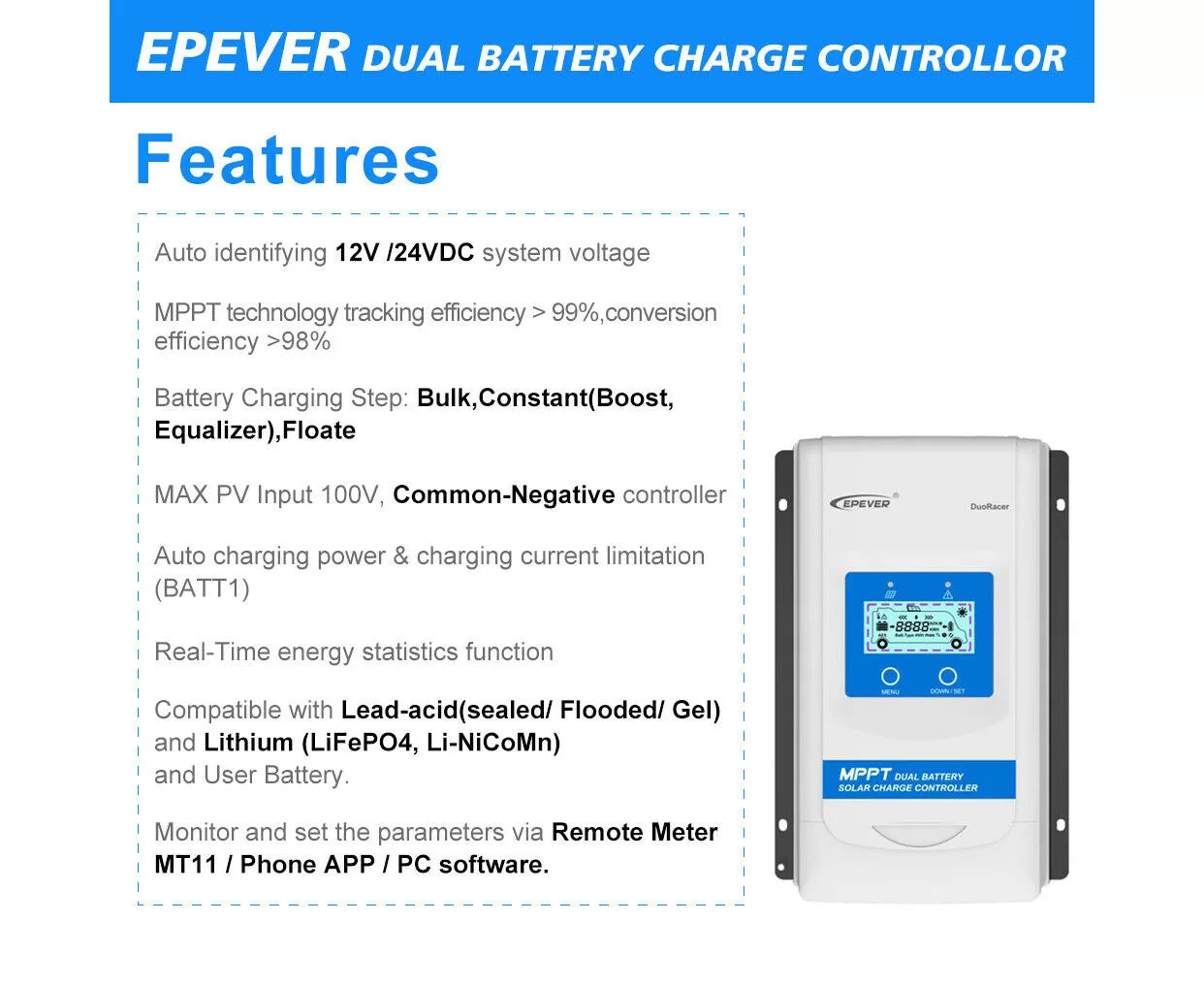 DR3210N-DDS, EPEVER DUAL BATTERY CHARGE CONTROLL